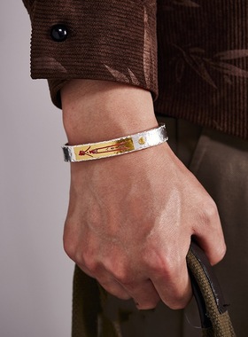 道家文化八方来财手镯男士复古金色平安转运锤纹敕令朱砂开口镯子