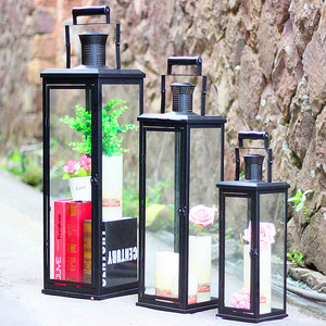 包邮 欧式美式风灯铁艺烛台摆件落地户外马灯婚庆蜡烛台玻璃灯笼