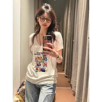 白小T官方旗舰店大领口宽松白色甜辣短袖正肩t恤女夏季新款美式复