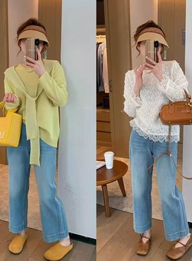 蓝色小个子窄版直筒牛仔裤女秋季新款大码胖mm高腰弹力九分阔腿裤