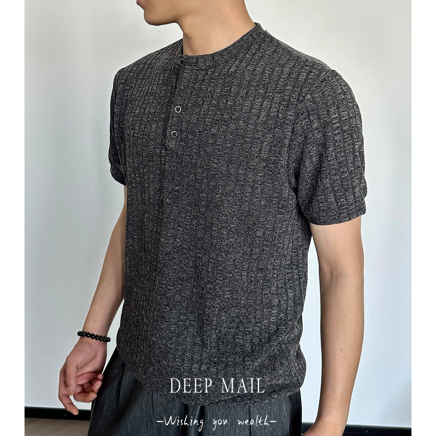 DEEPMAIL ’夏日特惠‘老钱风男士亨利领短袖针织T恤宽松半袖上衣