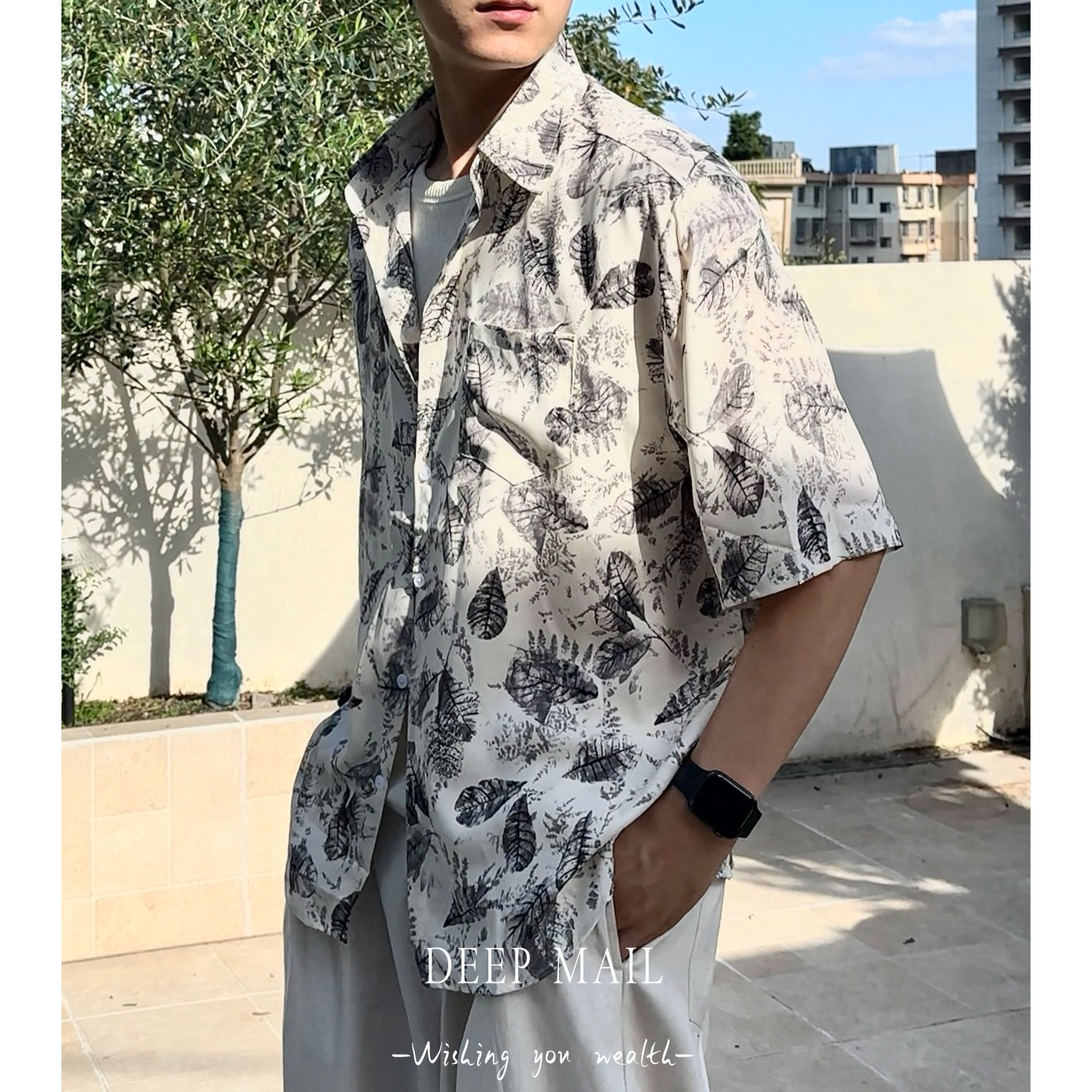 DEEPMAIL夏季痞帅男潮流树叶纹宽松休闲花衬衫港风百搭短袖上衣