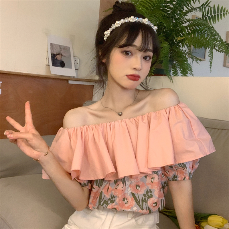 PF14636# 夏季甜美减龄露肩一字领荷叶边宽松百搭粉色碎花短袖衬衫女裝...