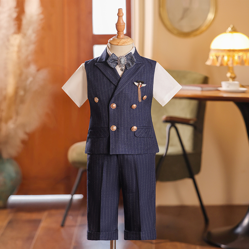 儿童西装套装男童礼马甲小西服主持人走秀钢琴演出服条纹夏季短袖