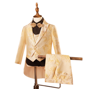 儿童西装套装男童英伦帅气金色秋冬燕尾服走秀钢琴演出主持人礼服