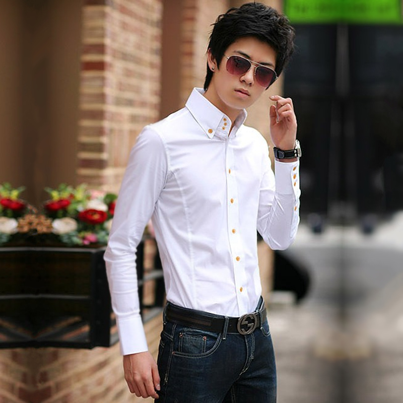 高领修身免烫长袖衬衫休闲潮潮