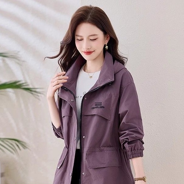 紫色风衣女中长款连帽早秋外套