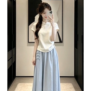 2026新款新中式国风短袖连衣裙子女夏季穿搭大方得体绝美长裙套装