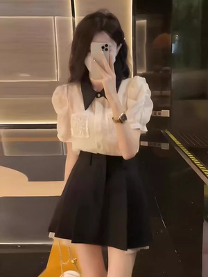 小个子茶系穿搭套装女夏季新款高级感气质泡泡袖衬衫百褶裙两件套