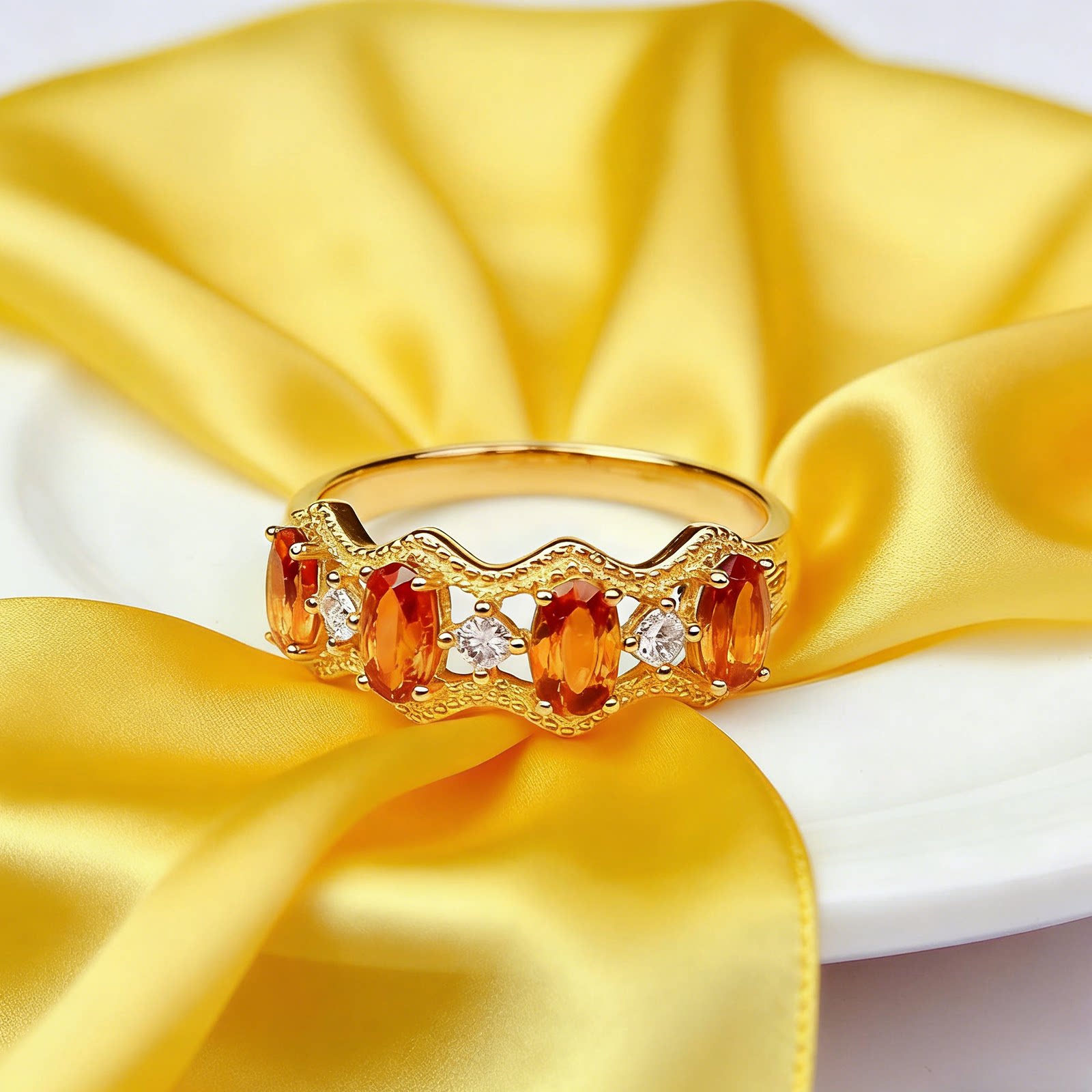 采金金钰925银镀18K黄金戒指女橙色宝石天然黄水晶镶钻波浪边精品
