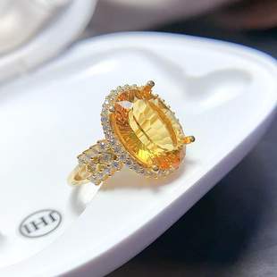 黄水晶戒面天然宝石戒指纯银招财旺财金发晶玉石指环黄色玉髓素圈