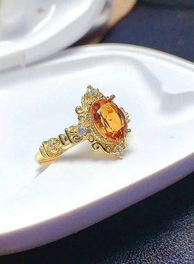 采金金钰黄水晶戒指女925银精工镶嵌复古花纹招财轻奢指环可复检