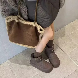 圆头防水防滑保暖加绒增高街拍毛毛鞋 时尚 短筒雪地靴冬季 厚底新款