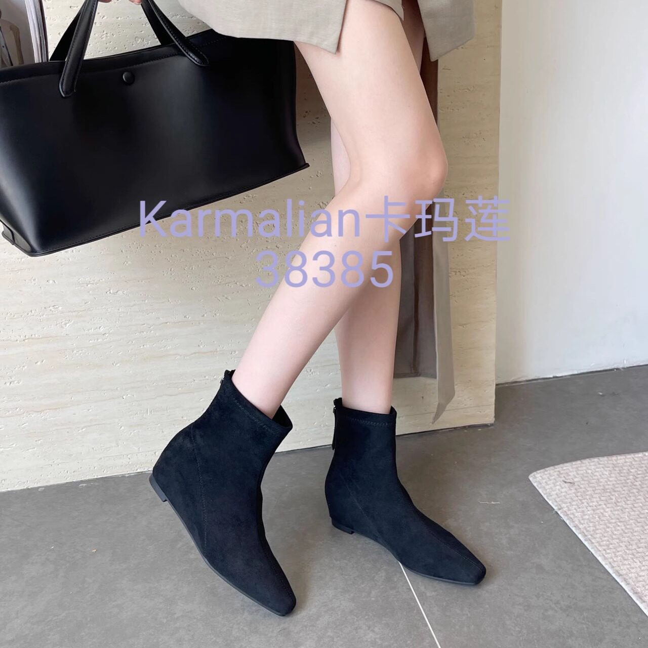 复古洋气简约磨砂绒面方头瘦瘦短靴欧美气质时尚平底百搭韩版网红