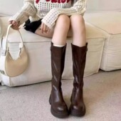 圆头增高复古英伦风不过膝后拉链冬季 女鞋 新款 小个子福音厚底时尚