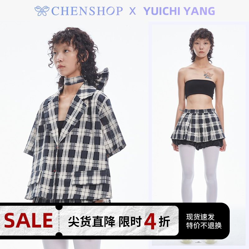 CHENSHOP设计师品牌YUICHI YANG带领结西装短袖超短百褶裤裙套装 女装/女士精品 时尚套装 原图主图