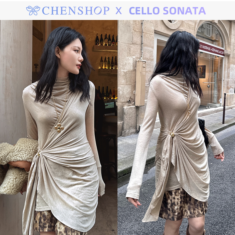 金珠子不对称针织连衣裙