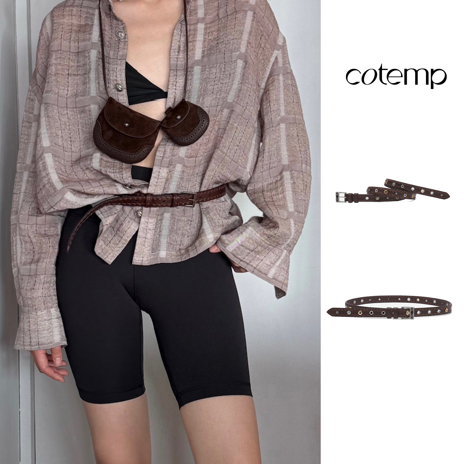 新款棕色铆钉复古皮带腰带百搭