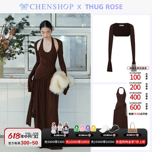 THUG 羊毛针织挂脖连衣裙CHENSHOP设计师品牌 ROSE焦糖棕色两件式