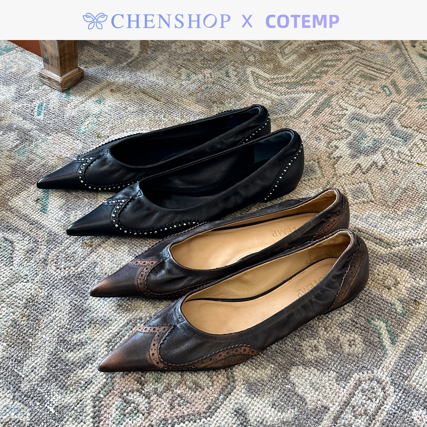 COTEMP雕花尖头牛皮平底鞋单鞋