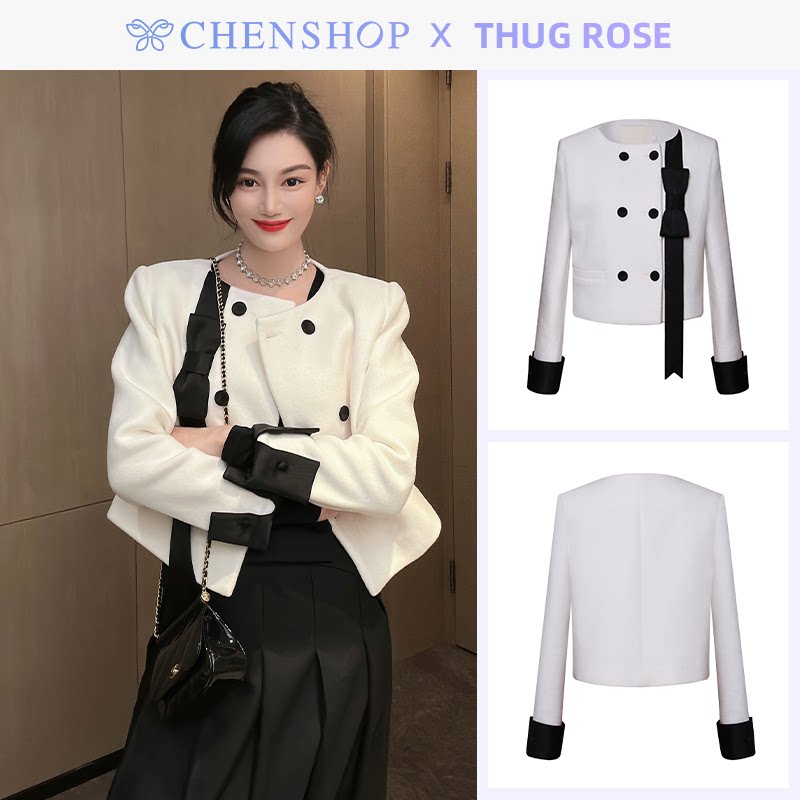 thug rose蝴蝶结拼贴款呢子短夹克黑色铅笔裙chenshop设计师品牌