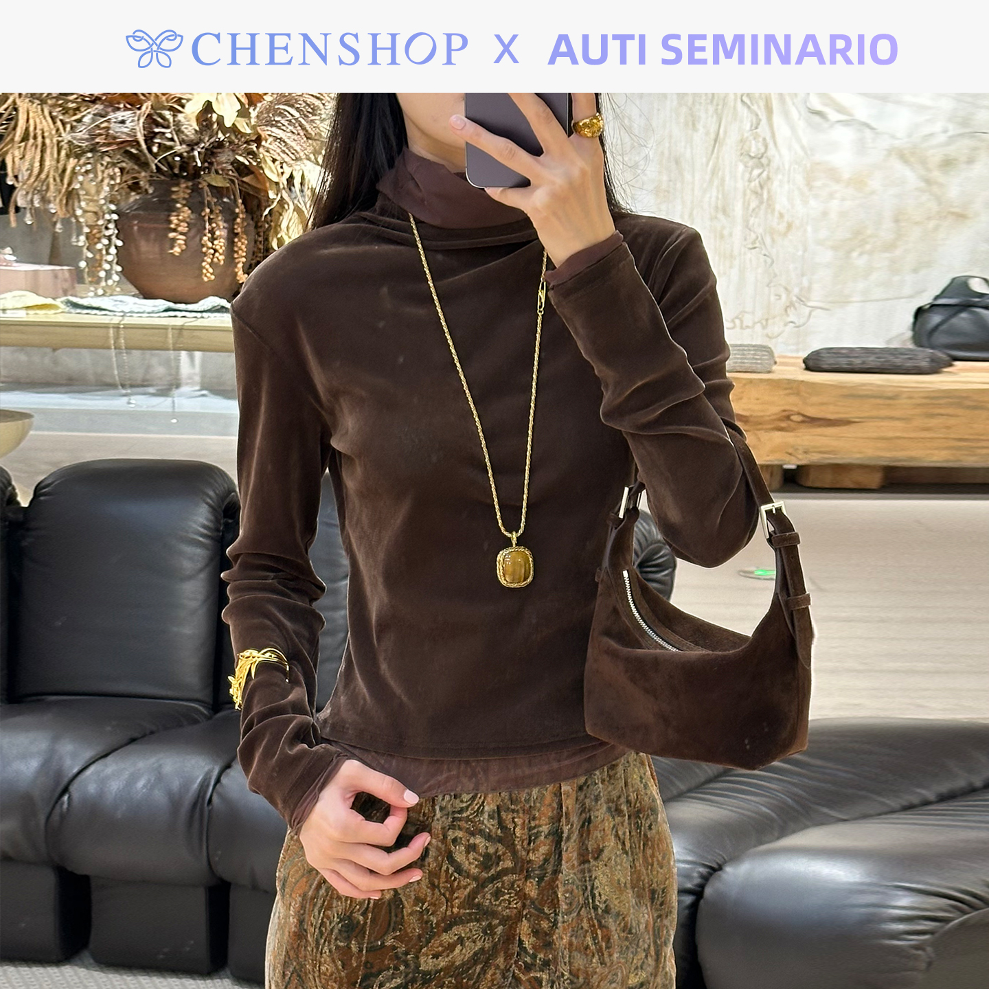 早秋新款高领拼接植绒T恤打底衫