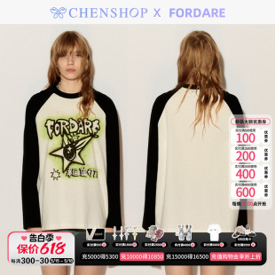 T恤宽松百搭CHENSHOP设计师品牌 长袖 拼色星星眼插肩袖 FORDARE时尚