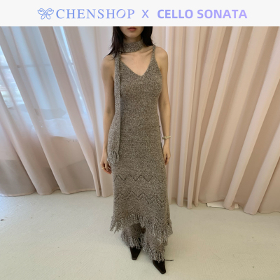 秋冬新款杂纱流苏挂脖连衣裙女