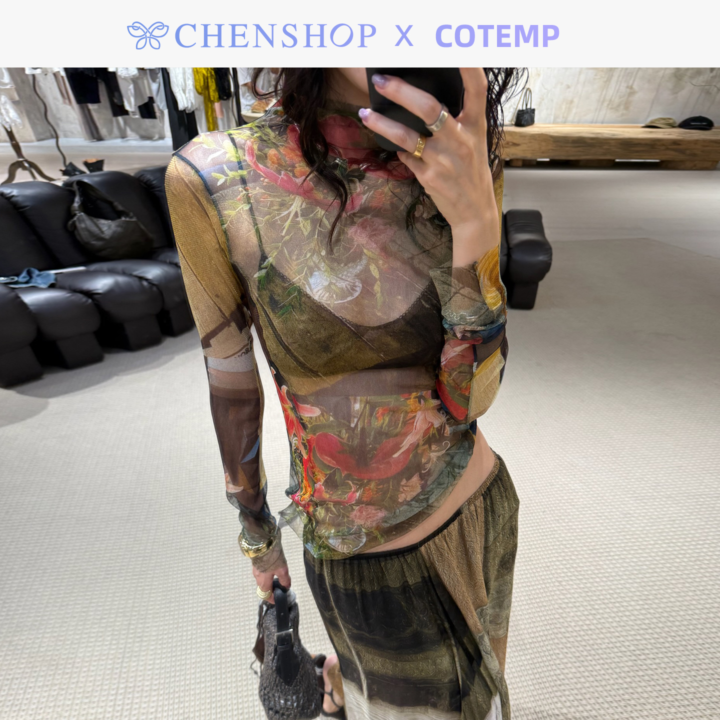 新款欧根蒂真丝印花T恤打底衫