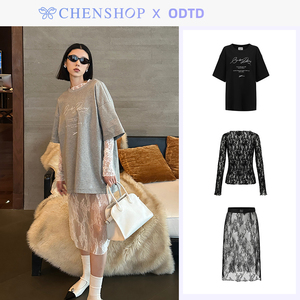 ODTD手写标语刺绣宽松体恤短袖蕾丝上衣叠穿罩裙女CHENSHOP设计师