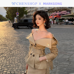 MARKGONG时尚 风衣外套小众百搭女CHENSHOP设计师品牌 卡其长袖 短款