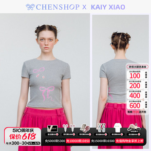 百搭CHENSHOP设计师品牌 甜美印花蝴蝶结T恤修身 Xiao时尚 Kaiy