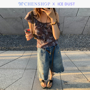 ICE CHENSHOP设计师品牌 DUST花卉荷叶边小衫 破洞宽松烫片牛仔中裤