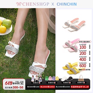 春夏新CHENSHOP设计师品牌 CHINCHIN方头羊皮钻链蝴蝶结装 饰凉拖鞋