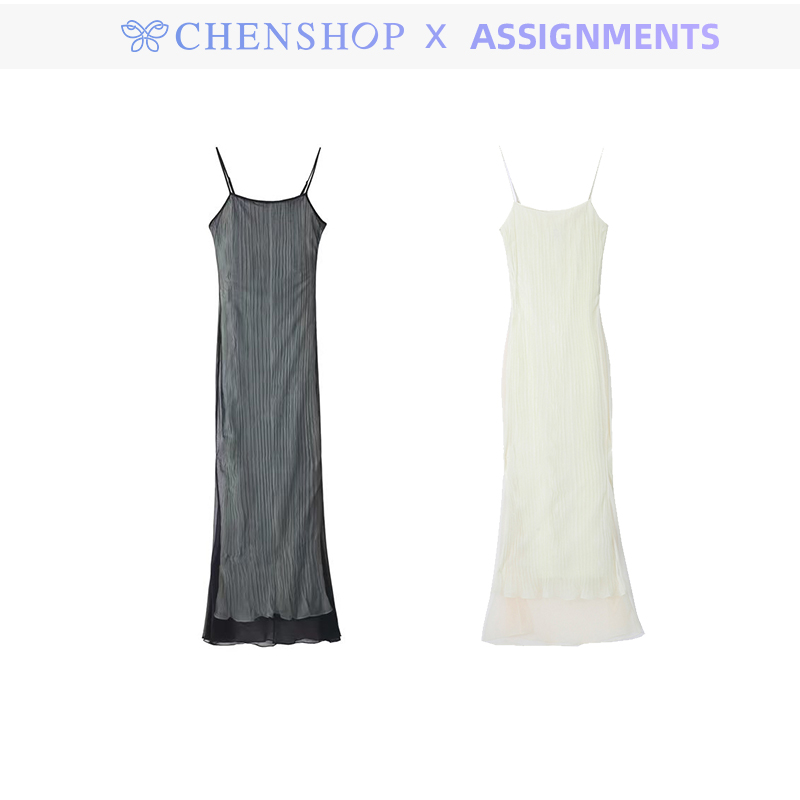 Assignments时尚简约褶饰薄纱吊带连衣裙百搭CHENSHOP设计师品牌