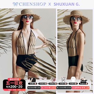 SHUXUAN 度假温泉性感显瘦裸黑拼接连体泳衣CHENSHOP设计师 G.时尚