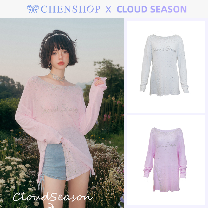 Cloud Season时尚圆领烫钻开衩上衣长袖百搭女CHENSHOP设计师品牌