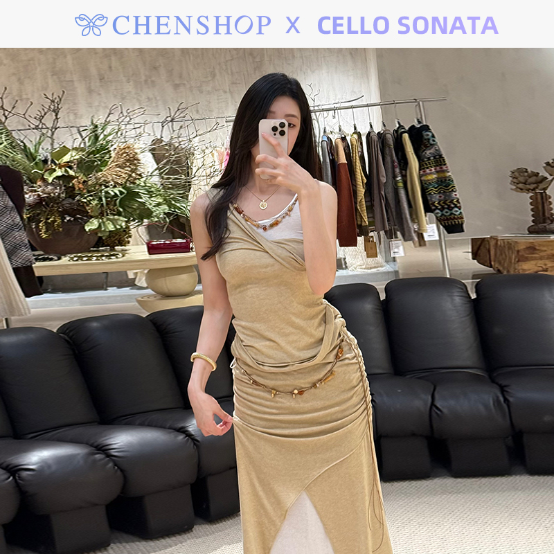 新款针织假两件串珠背心半身裙女