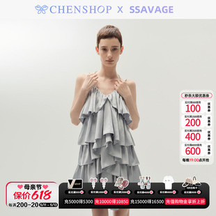 蓝色烫钻蛋糕裙连衣裙小众百搭女CHENSHOP设计师品牌 SSAVAGE时尚