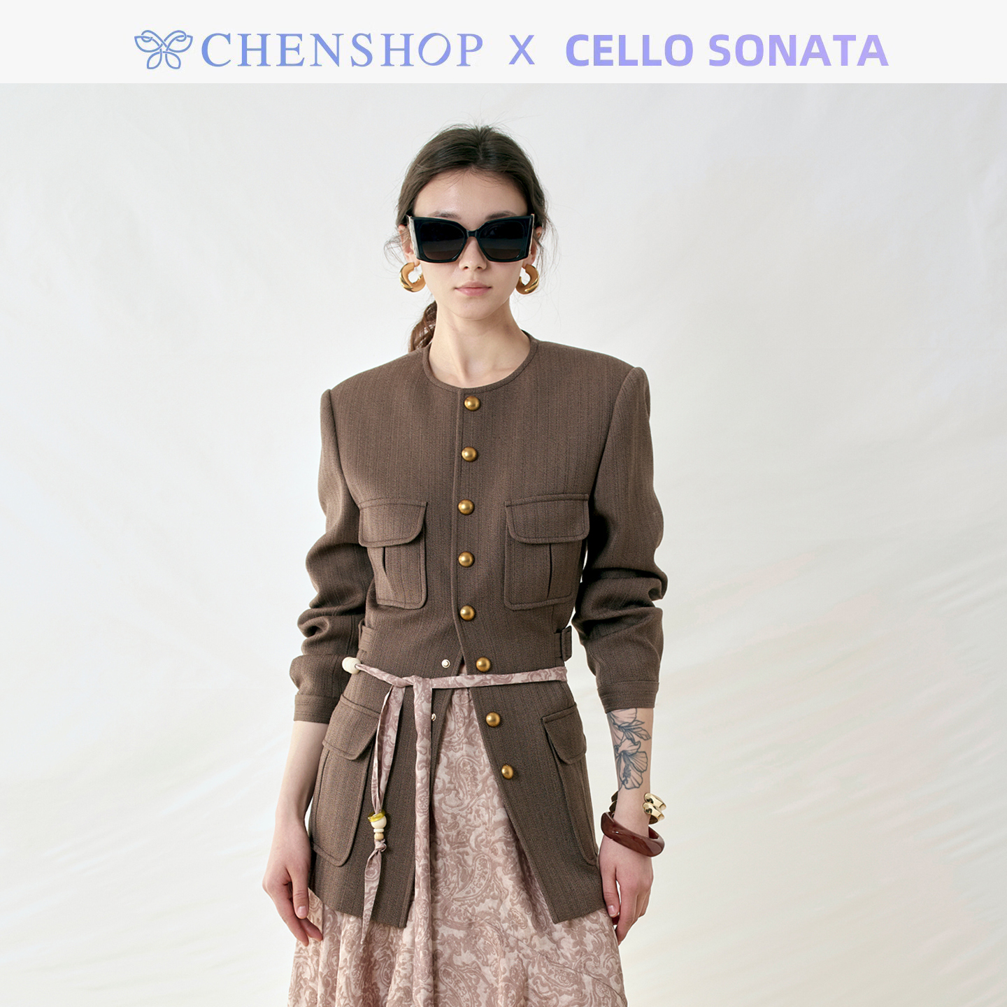 CelloSonata收腰色织暗条纹外套