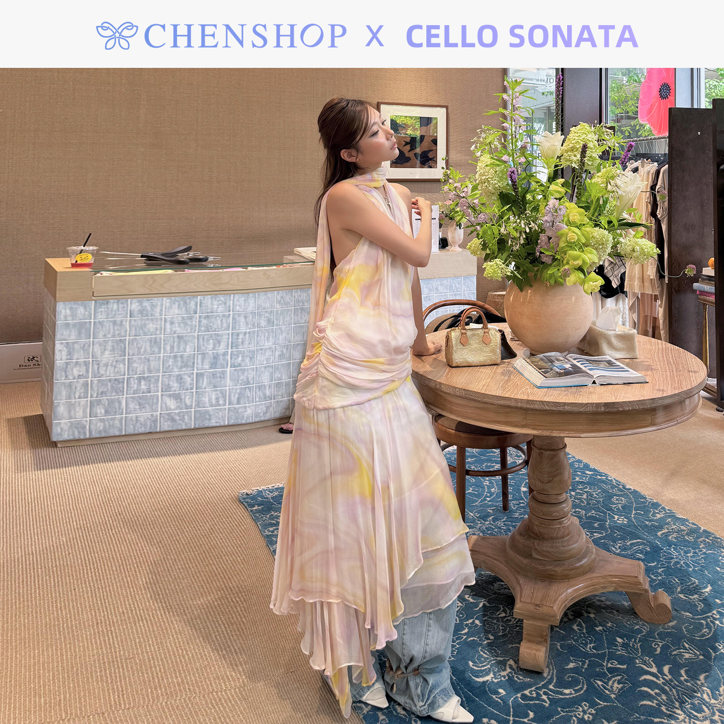 波纹印花飘带不规则下摆连衣裙