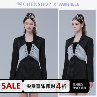 CHENSHOP设计师品牌Awhiille黑色蝴蝶结网纱西装 外套春夏新品