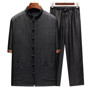 中青年男士香云纱唐装夏季短袖真丝桑蚕丝套装中式男装中国风禅服