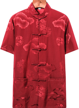 中老年人唐装男短袖真丝桑蚕丝套装老人生日过寿衣服装中国风夏装