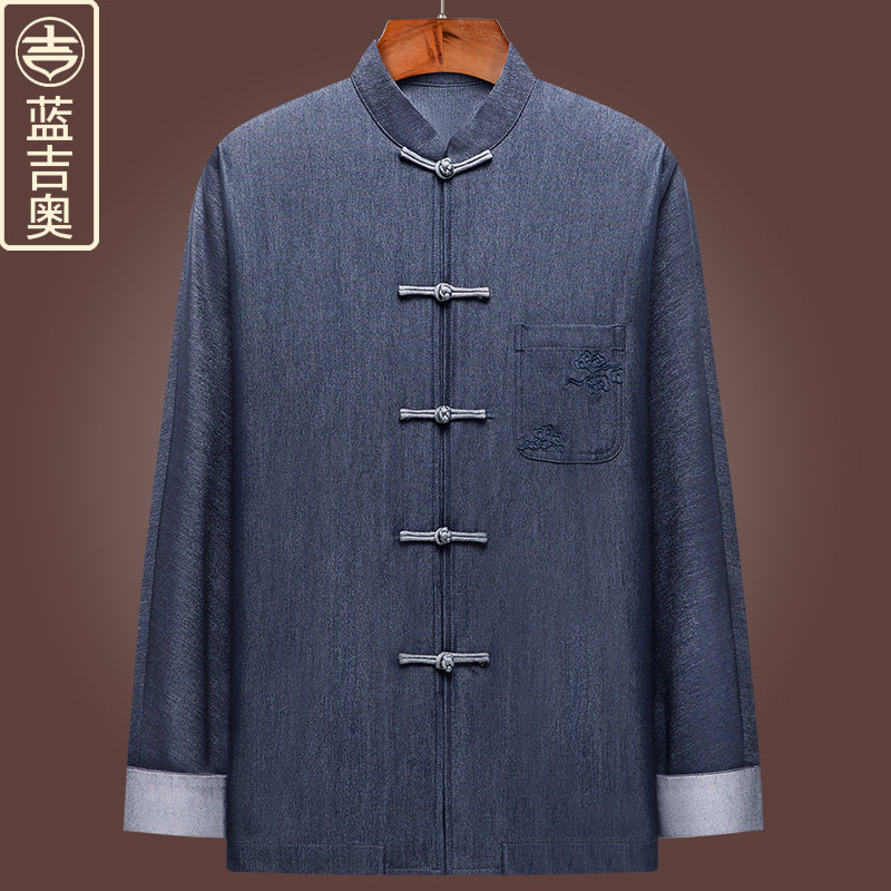 中青年男士唐装连袖上衣中山装中式男装老北京衣服中国风牛仔衬衫,男装,唐装,淘宝优惠券,粉丝福利购,淘宝优惠卷