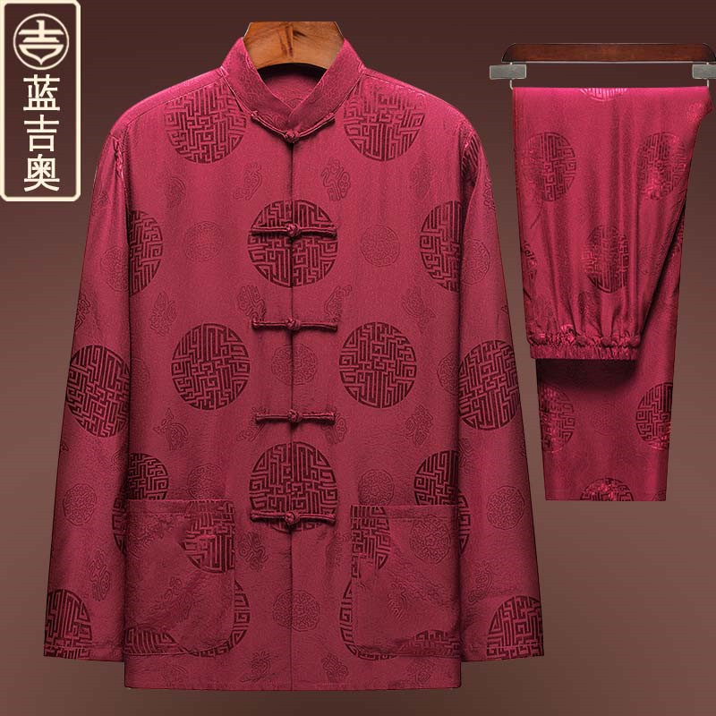 中老年人真丝唐装男长袖桑蚕丝绸套装爸爸婚礼服爷爷老人生日衣服