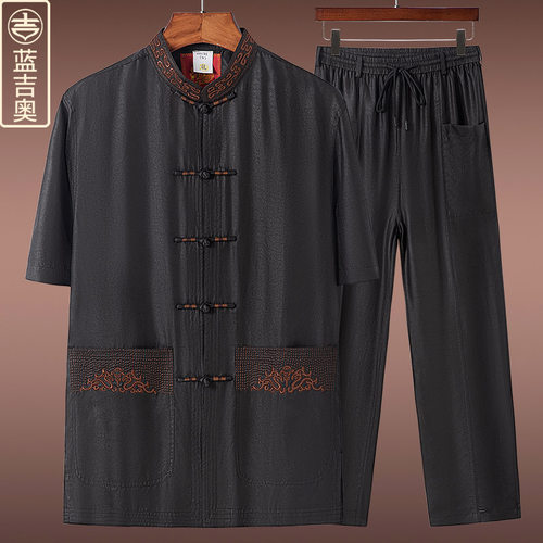 香云纱唐装男短袖真丝居士服套装