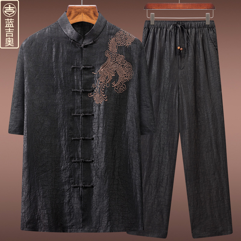 香云纱唐装男夏季短袖桑蚕丝套装