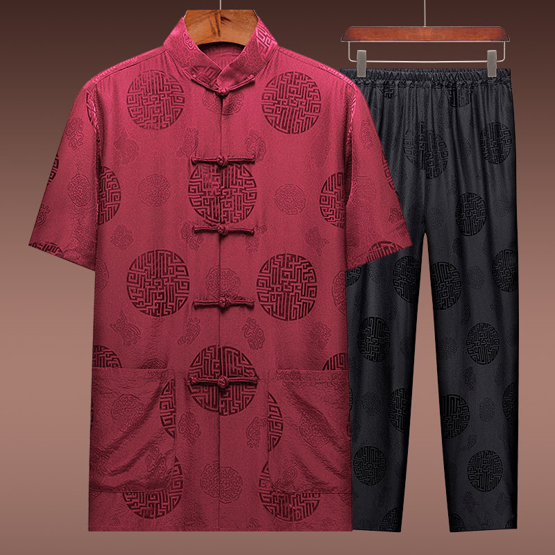 真丝唐装男桑蚕丝春夏长袖套装中式爸爸爷爷中老年人生日结婚礼服