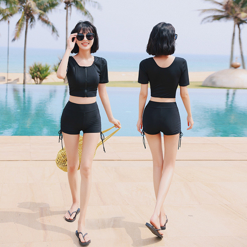 泳衣保守女遮肉分体黑色显瘦泳装女款小胸平角泳裤玩水两件套